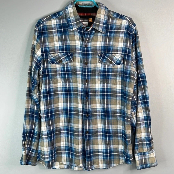 QUIKSILVER Mens Plaid Flannel Button Up Shirt Blue Tan Long Sleeve Logo Skate S - Picture 8 of 16